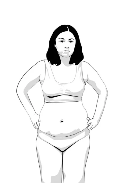太った腹を持つ太りすぎの女性 肥満女性のランジェリー 白地に黒い線 — ストックベクタ