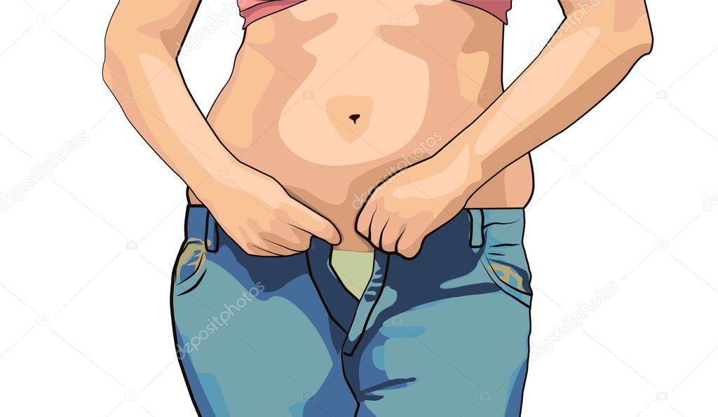 Women with fat belly. fat woman with big belly trying to wear tight jeans,overweight or diet concept background