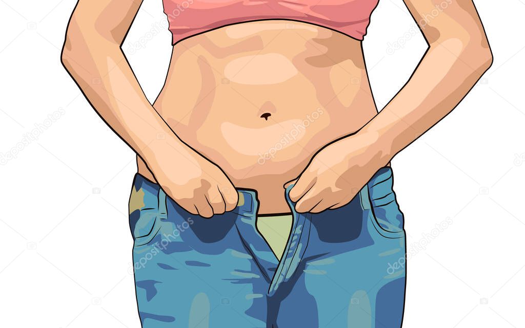 Women with fat belly. fat woman with big belly trying to wear tight jeans,overweight or diet concept background