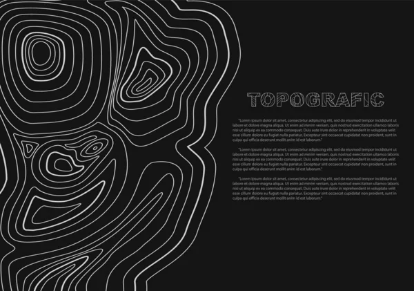 Black background of the topographic map. Topographic map white lines, contour background with text. Geographic grid