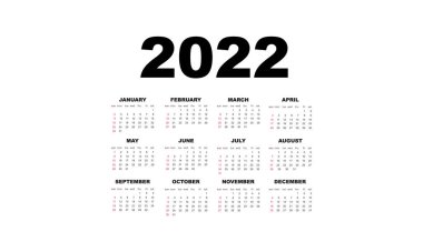 2022 takvim yatay vektör tasarım şablonu, basit ve temiz tasarım. Örgüt ve iş için Beyaz Arkaplan 2022 takvimi.