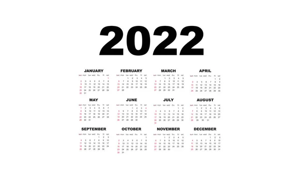 2022 takvim yatay vektör tasarım şablonu, basit ve temiz tasarım. Örgüt ve iş için Beyaz Arkaplan 2022 takvimi.