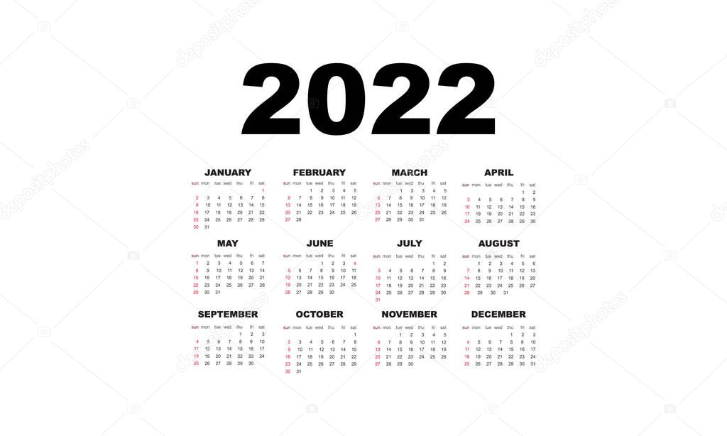 2022 calendar horizontal vector design template, simple and clean design. Calendar for 2022 on White Background for organization and business.