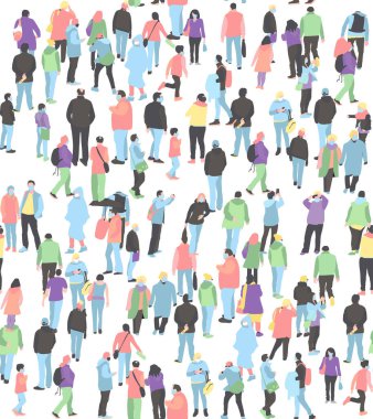 Beyaz tıbbi maske takmış bir sürü insan. Koronavirüs karantinası kavramı