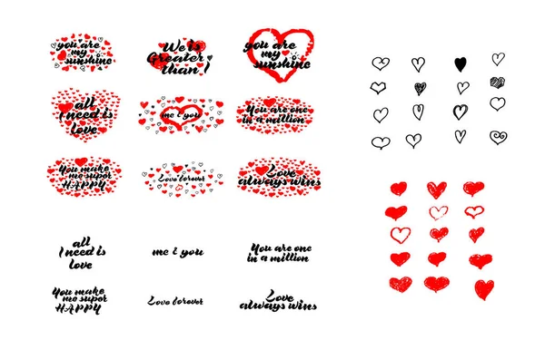 Romantische belettering en met de hand getekend hart ingesteld. Kalligrafie postkaart of poster grafisch ontwerp typografie element. — Stockvector