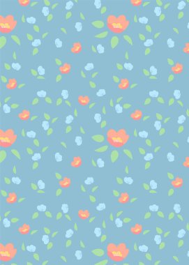 Çiçekli ve yapraklı desen. Pembe ve mavi çiçekler ve mavi arkaplanda yeşil yapraklar