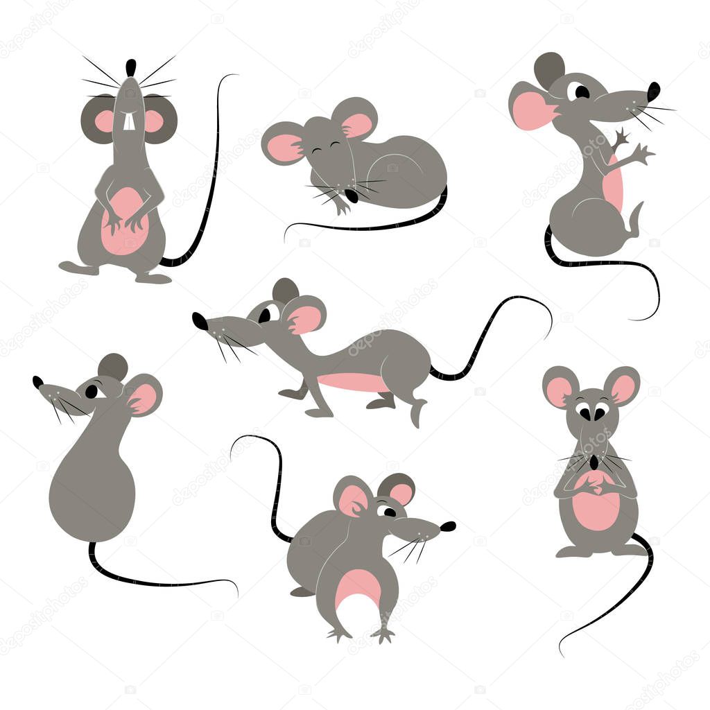 Cartoon rats set for design. Vector illustration of funny collection mouse in various poses and actions. Isolated on white. Flat vector design.