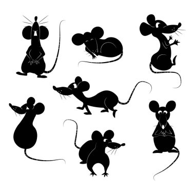 Beyaz üzerine izole edilmiş siyah siluetler. 2020 Çin Yeni Yılı sembolleri. Çizgi film fareleri tasarım için ayarlandı. Çeşitli pozlar ve eylemlerde komik koleksiyon faresinin vektör çizimi.