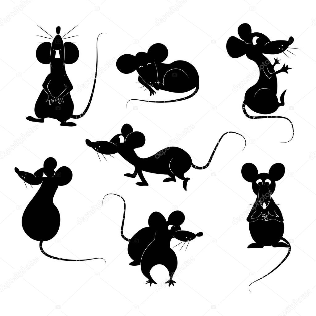 Set of rats black silhouettes, isolated on white. Symbols of 2020 Chinese New Year. Cartoon rats set for design. Vector illustration of funny collection mouse in various poses and actions.