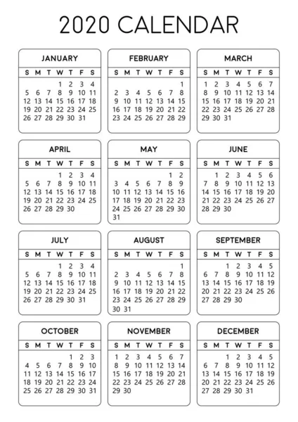 Calendario Imprimible 2020 Tamaño Calendario 2020 — Vector de stock