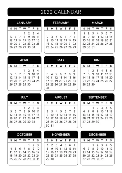 Календар 2020 Року Друкований Календар Розміру 2020 — стоковий вектор