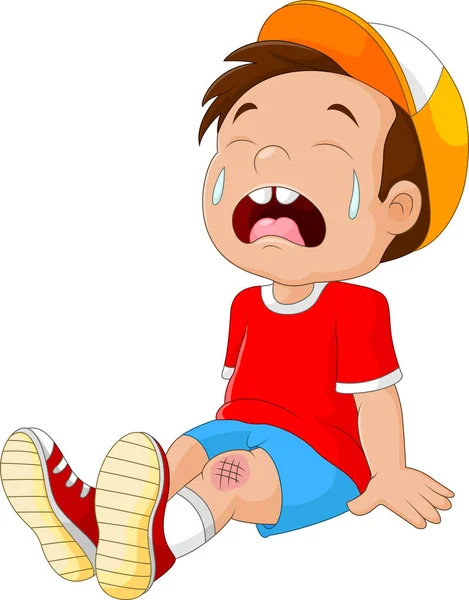 Cartoon crying boy with wounded leg — Stock Vector
