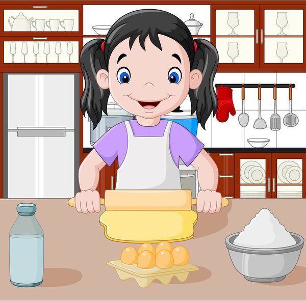 Cartoon little girl stretching the dough
