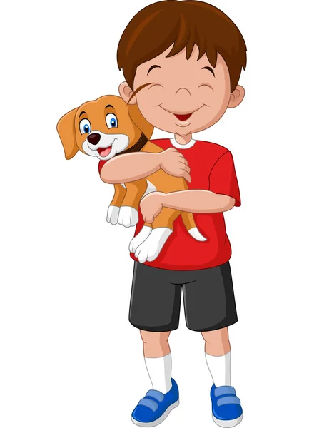 Cartoon boy holding his puppy — Stock Vector