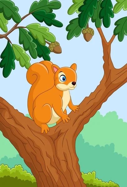 Kreskówkowa zabawna wiewiórka na drzewie — Wektor stockowy