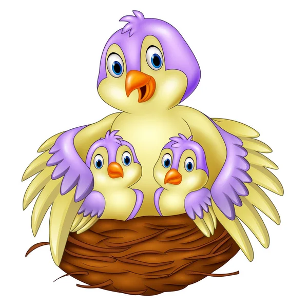 Mother bird with her two babies in the nest — Stock Vector