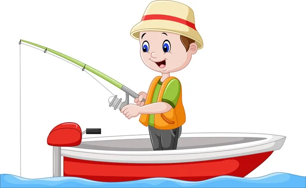 Muchacho de dibujos animados pesca en un barco — Vector de stock