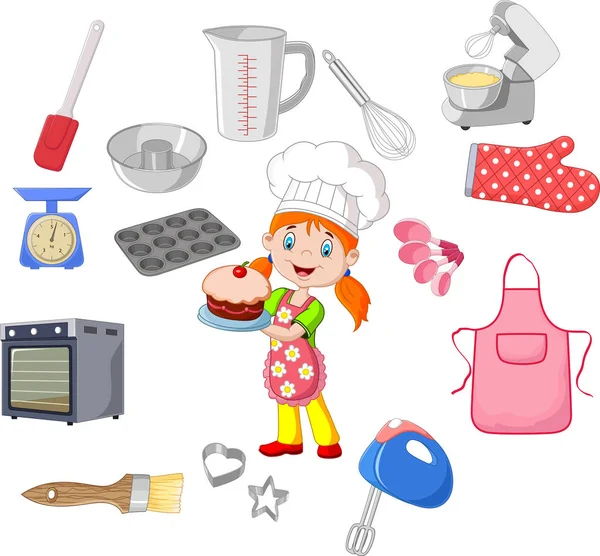 Chef fille et ustensiles de cuisine — Image vectorielle