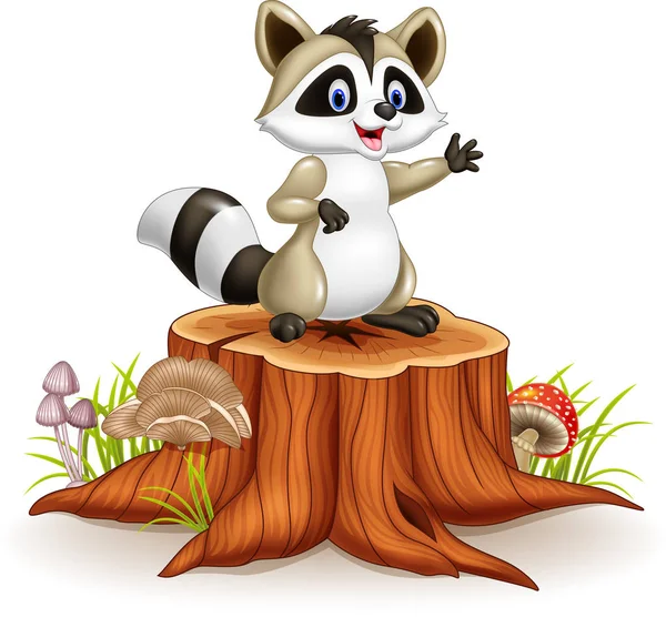 Cartoon funny raccoon cartoon waving hand on tree stump — Stock Vector