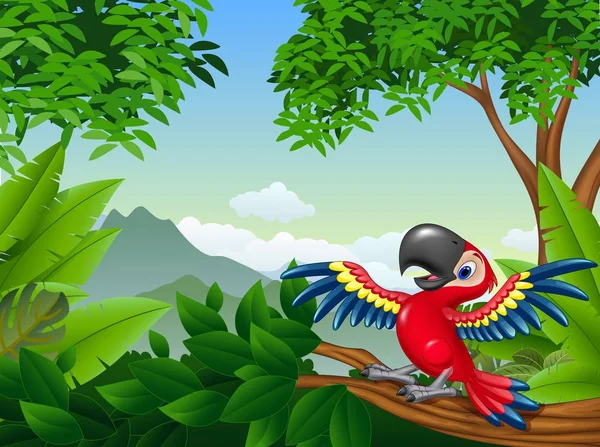 Guacamayo de dibujos animados en la selva — Vector de stock