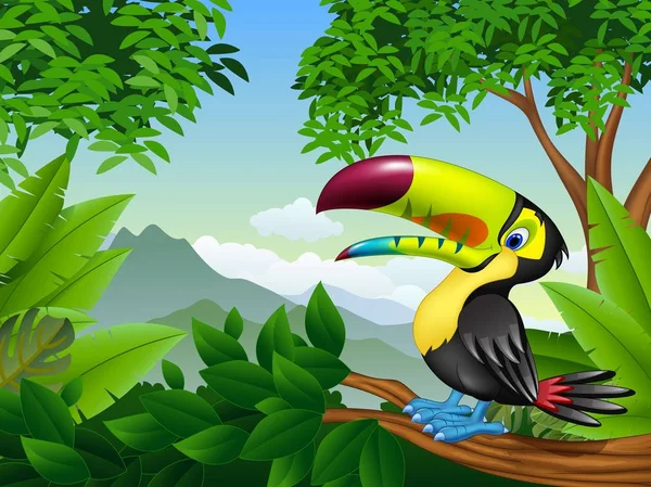 Cartoon toucan on a tree branch — Stock Vector