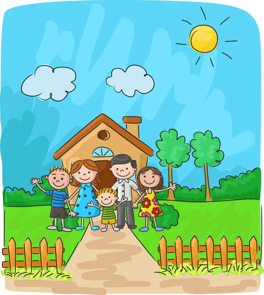 La familia feliz contra el paisaje y la casa — Vector de stock