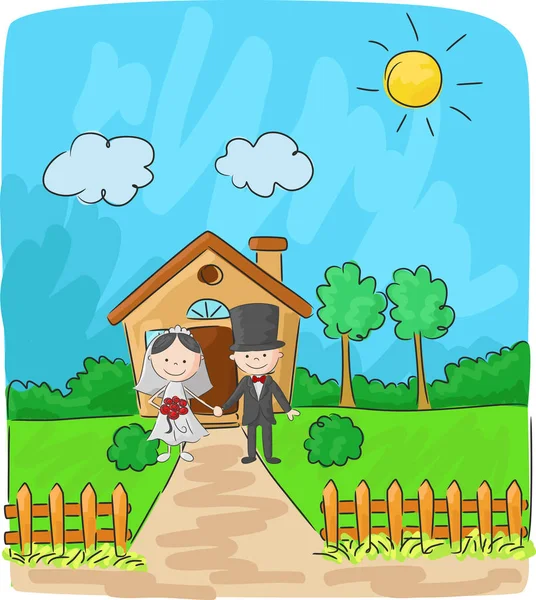 Bride and groom in front of small house — Stock Vector