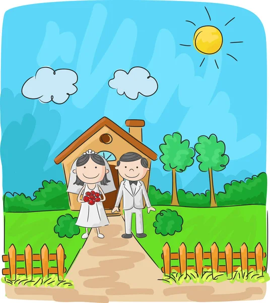 Nevěsta a ženich v přední části malého domu — Stockový vektor