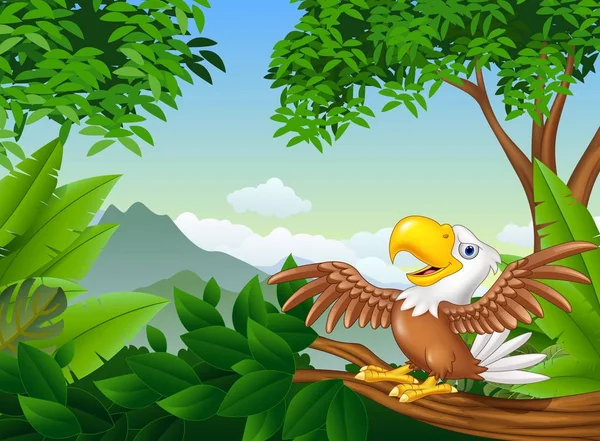 Águila calva de dibujos animados en una rama de árbol — Vector de stock