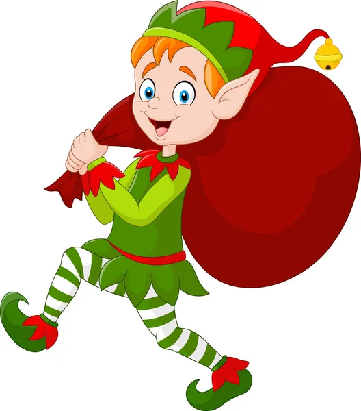 Cartoon Christmas elf carrying a bag of present — Stock Vector