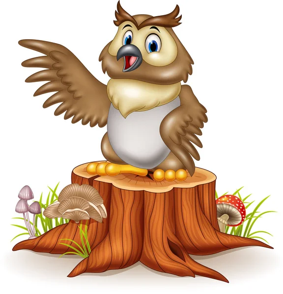 Hibou dessin animé agitant ses ailes debout sur la souche de l'arbre — Image vectorielle