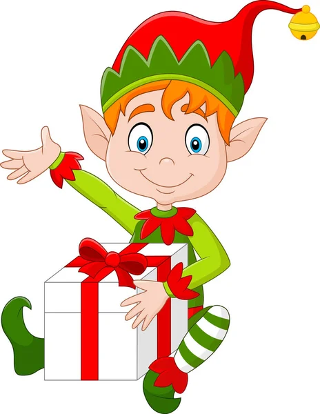 Kreslený elf drží dárkovou krabici — Stockový vektor