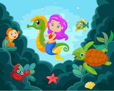 Seahorse ile oynarken küçük deniz kızı çizgi film