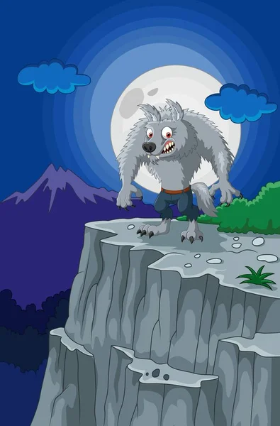 Hombre lobo de dibujos animados con luna llena — Vector de stock