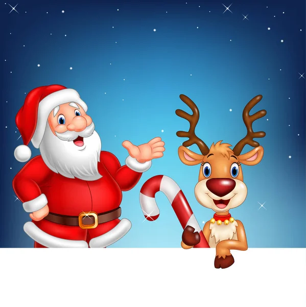 Cartoon Santa Claus and reindeer with blank sign — Stock Vector