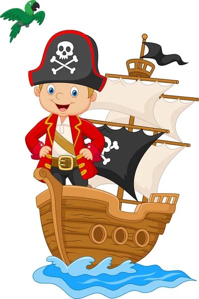 Dessin animé petit pirate sur son bateau — Image vectorielle