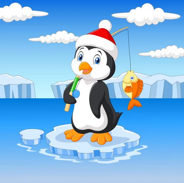 Cartoon fishing penguin standing on ice floe — Stock Vector