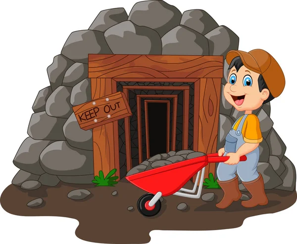 Cartoon mijn ingang met gouden mijnwerker schop houden — Stockvector