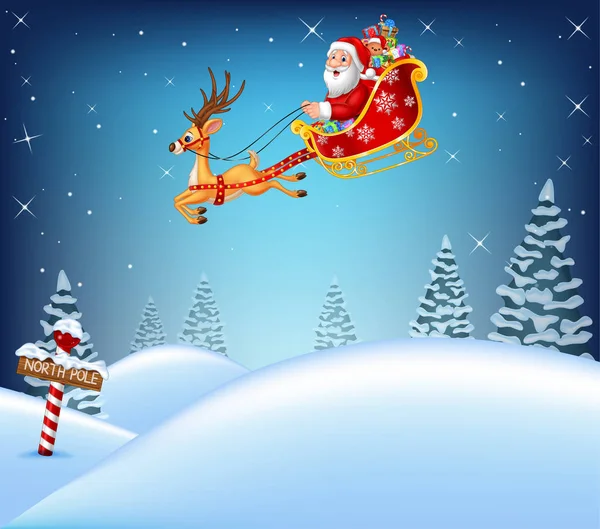 Glücklicher Weihnachtsmann in seinem von Rentieren gezogenen Schlitten — Stockvektor