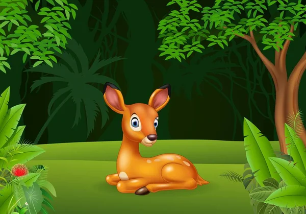 밀림에 앉아 있는 만화 영화 아기 사슴 — 스톡 벡터