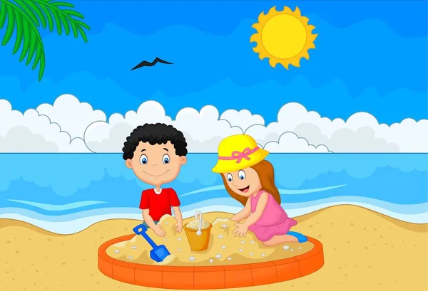 孩子们玩沙子在热带海滩 — 图库矢量图片