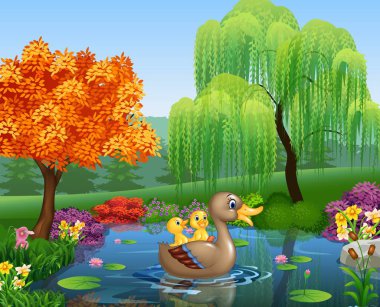 Cute duck swimming on the pond clipart