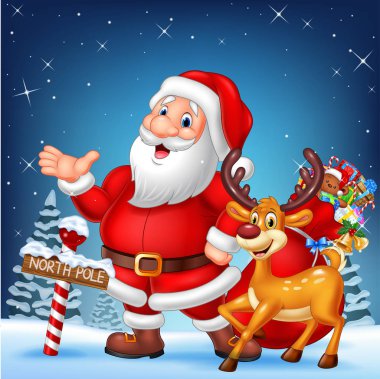 Noel Baba ve ren geyikleriyle Noel kartı.