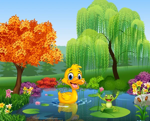Dessin animé canard avec grenouille heureuse — Image vectorielle