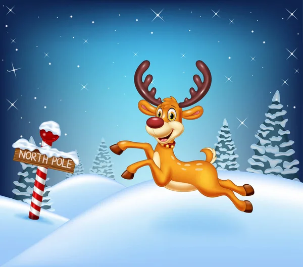 Karikatür Noel arkaplanı kışın geyik koşuyor. — Stok Vektör