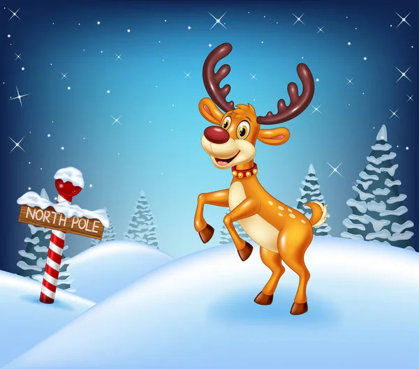 행복 한 사슴과 함께 한 카툰 크리스마스 배경 — 스톡 벡터