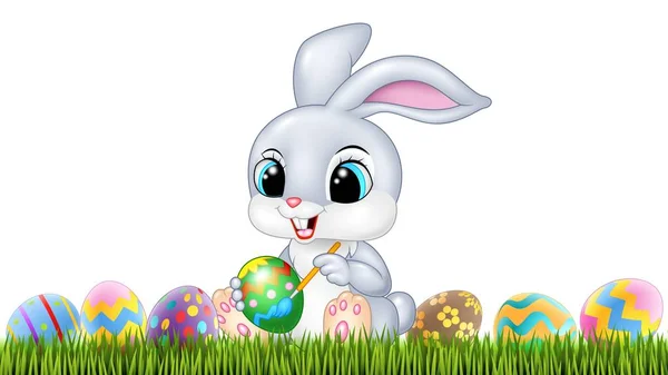 Velikonoční zajíček s vyzdobenými velikonočními vejci na poli — Stockový vektor