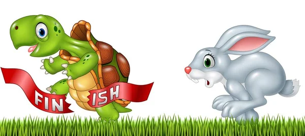 Dibujos animados una tortuga ganar la carrera contra un conejo — Vector de stock