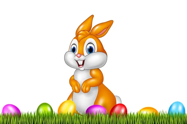 Conejo de Pascua con huevos de Pascua decorados en un campo — Vector de stock