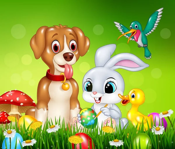 Animais e ovos de Páscoa na grama verde — Vetor de Stock